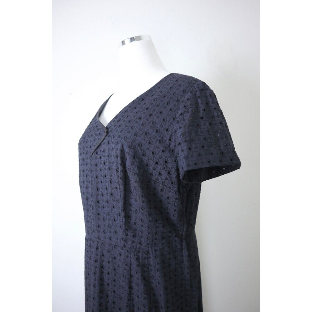 Vintage 1950s Size XL Eyelet Cotton Day Dress Midi Tea Length Short Sleeve Black - Picture 4 of 12